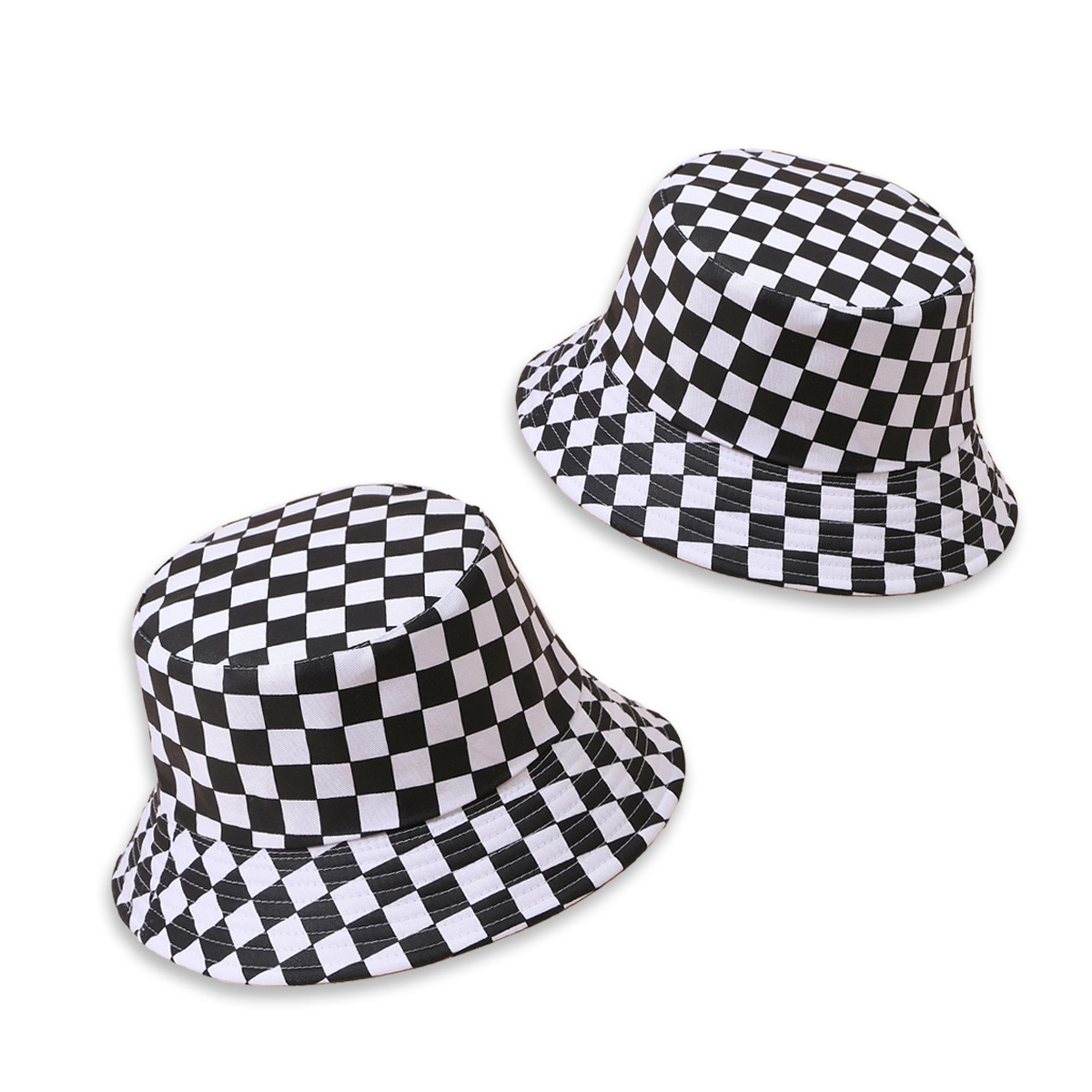 Korean Style Fashionable Black And White Plaid Hat Women's Wide Brim Face Slimming Sun-proof Basin Hat Hip Hop Japanese Fashionable Bucket Hat Men display picture 3