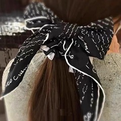 山茶花真丝小方巾加发圈 黑白简约发带蝴蝶结桑蚕丝丝带