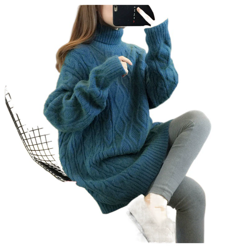 Fleece long winter knitted sweater, increased thickness, mid-length, Korean style