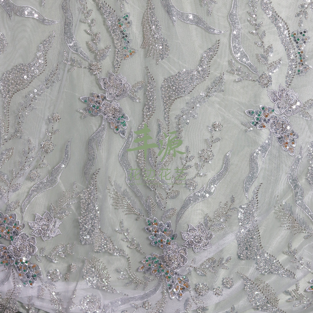 Beaded embroidery fabric for high-end custom-made wedding dresses and evening gowns. Beaded embroidery fabric pic 6