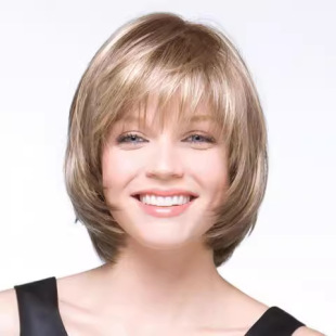 Wig European and American Wig Female Bobo Head Wig with Bangs Golden Short Hair Chemical Fiber Wig Headgear Xuchang Manufacturer