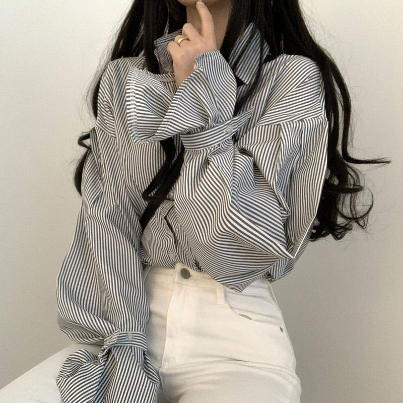 法式条纹衬衫女秋季宽松设计感小众别致上衣韩系chi简约外搭衬衣|undefined