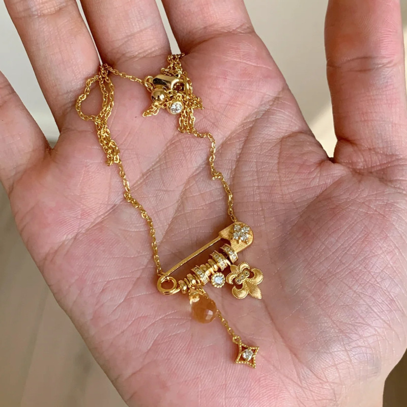 S925银鸢尾花别针项链女气质时尚微镶流苏设计感天然黄水晶锁骨链|undefined