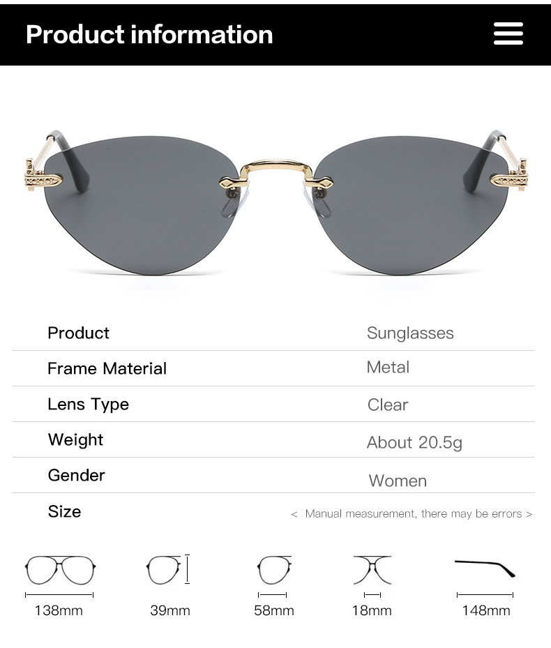 41g Weight Frameless Glasses Structure Sunglasses Classification Ac, UV400 Protection Lens Material Cat Eye Glasses Style Holiday, Outdoor Occasion Solid Color Pattern All Seasons Season Unisex Gender Casual Style Casual Solid Color Ac UV400 Protection Cat Eye Frameless Women's Sunglasses 5