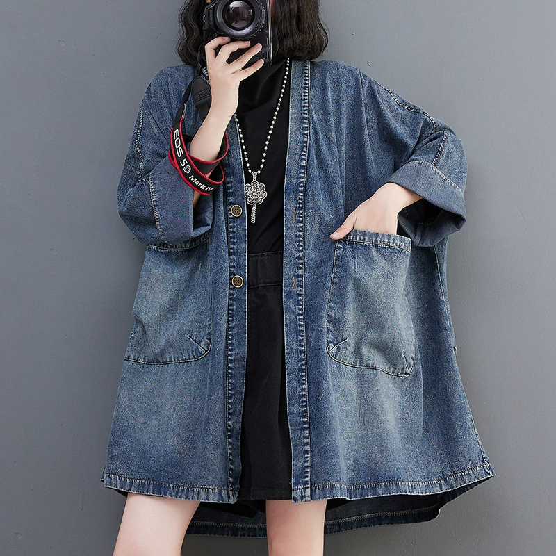 Retro denim autumn jacket, trench coat, 2022, V-neckline, oversize, mid-length