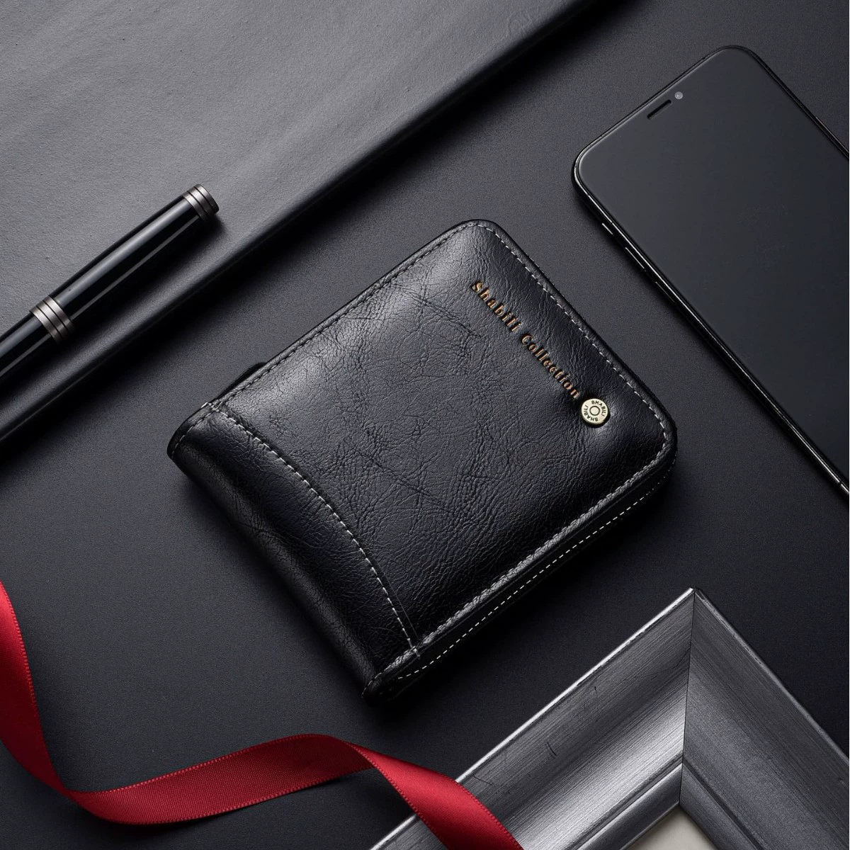 Мужской кожаный кошелек в ретро стиле, большой вместимости, на молнии, с короткой цепочкой