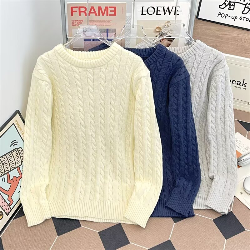 Trendy Solid Color Sweater for Men, Autumn and Winter Thick Cable Knit, Lazy Style, Round Neck, Retro Knitted Base Shirt, Lazy Top