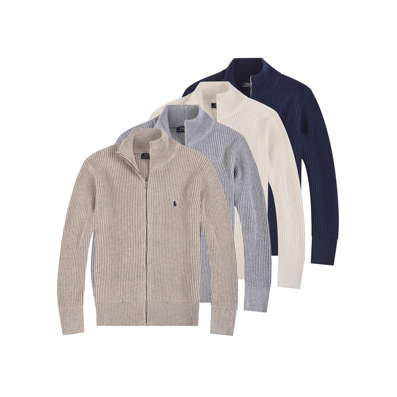 Cross-Border Rl Thickened Sweater Cardigan Wool Top Stand Collar Men's Knitwear Jacket Casual Pony Embroidery