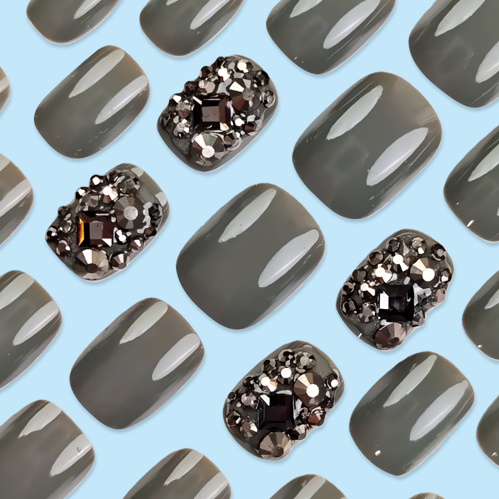 Diamante negro gris, lujo ligero manicure, retrógrado misterioso alto sentido de usar uñas 24 piezas de parche de uñas terminado image 5
