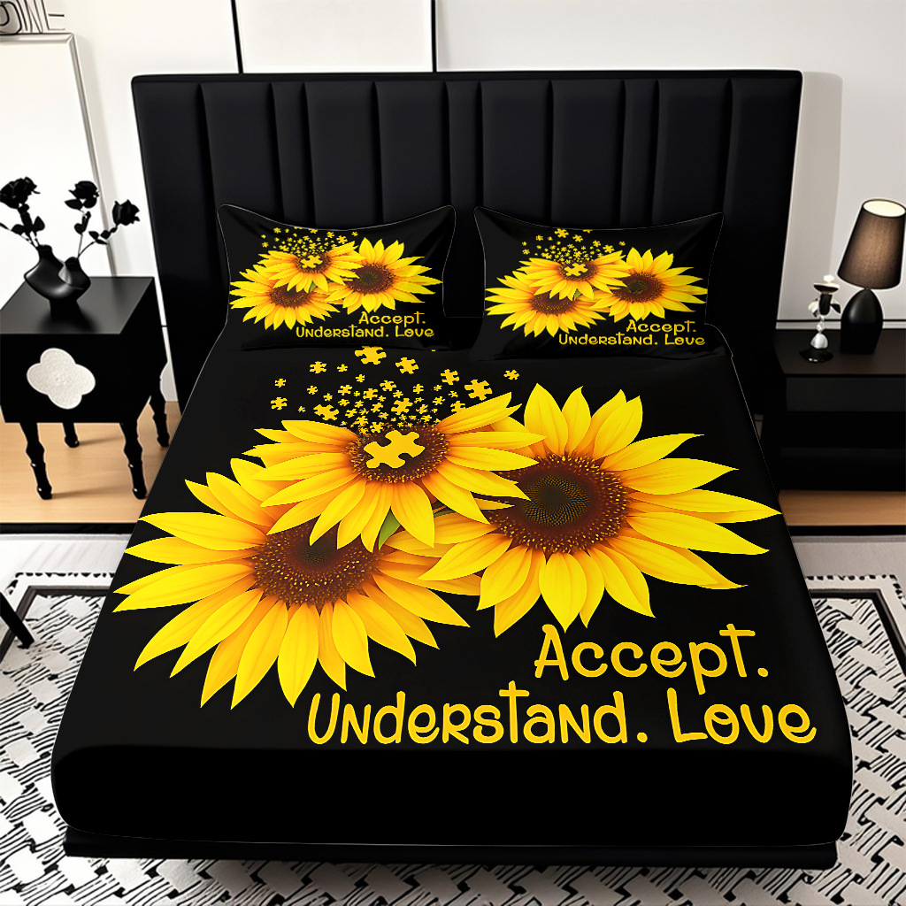 Comercio exterior transfronterizo textil doméstico patrón de girasol impresión digital 3D cama de molienda de tres piezas JIT modelo Temu