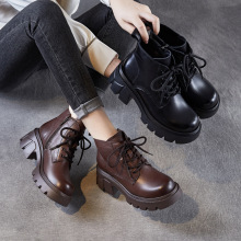 厚底粗跟马丁靴女2025秋季新款英伦复古真皮小短靴休闲系带单靴子