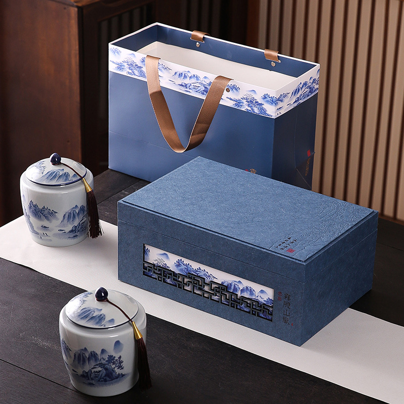 Five Fortunes Arriving at the Door Ceramic Tea Double Can Gift Box, Red and Green Tea Loose Leaf Jin Jun Mei High-End Gift Empty Packaging Box