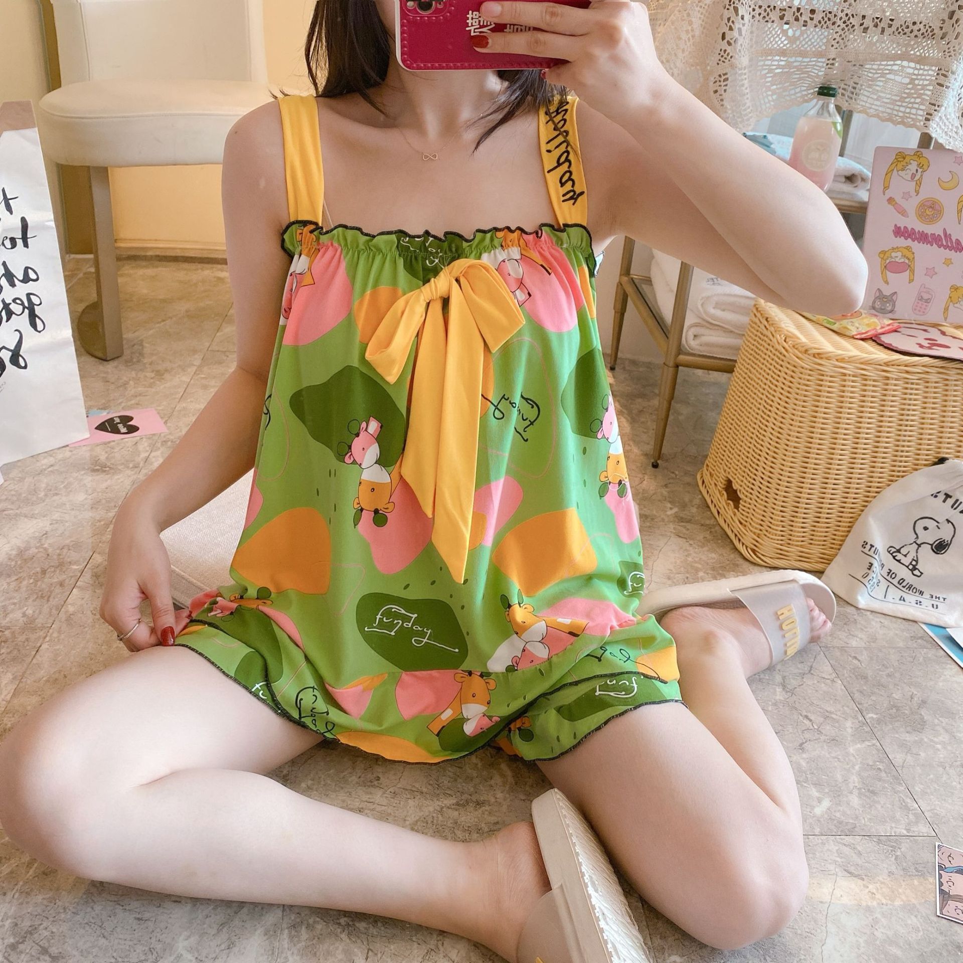 Summer 2024 New Princess Style Sweet Shorts Suit Can Be Worn Outside Trendy Suspender Pajamas Women's Home Wear Two-Piece Set