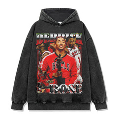 Cross-border retro Derrick printed short-sleeved T-shirt washing old long-sleeved round neck loose hooded sweatshirt