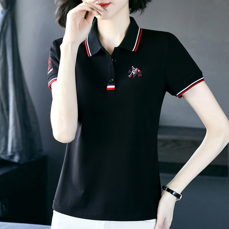女性用襟付き半袖Tシャツ、夏用薄手2025年新作半袖トップス、おしゃれな中年ラペルポロTシャツ|undefined