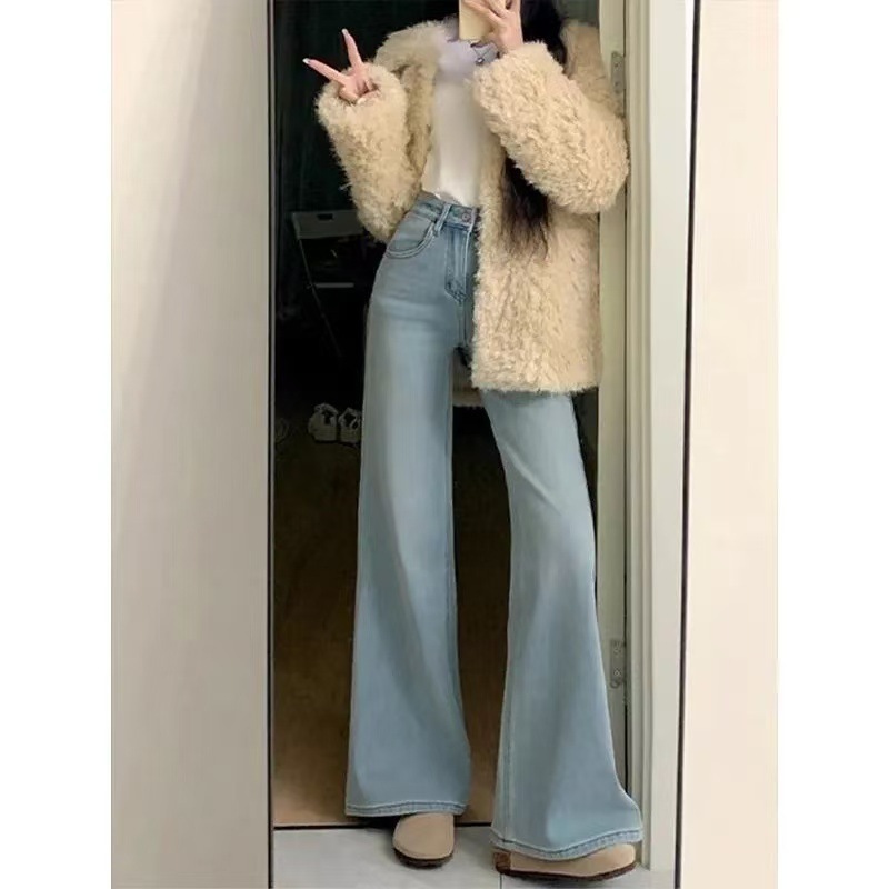 跨境余一一棉质竹节纹黑科技三防耐脏白色牛仔裤女宽松显瘦原牛喇|undefined
