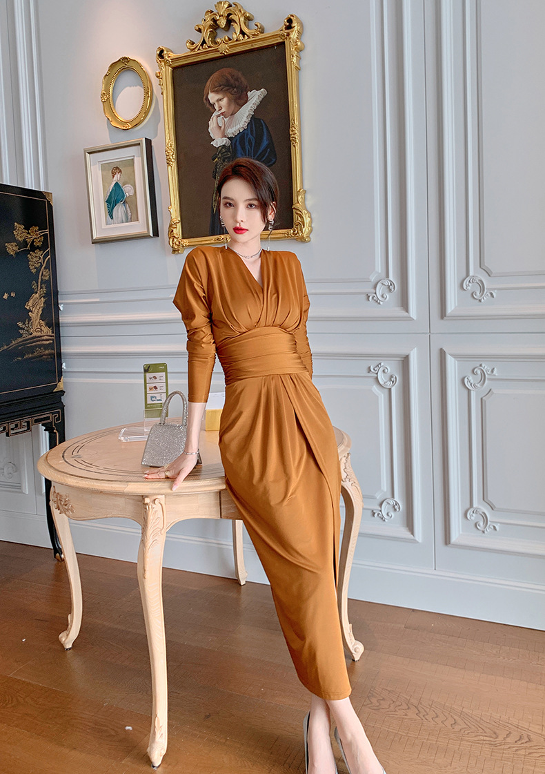 B8343 1120K VÁY ĐẦM LIỀN THÂN DÁNG DÀI NỮ CHOTDNG MÙA XUÂN THU ĐÔNG PHỤC CỔ CỔ ĐIỂN CỔ CHỮ V THỜI TRANG NỮ G04 SẢN PHẨM MỚI