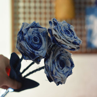 Cloth flavor handmade fabric flower home decoration blue dyed plant tie dyed grass dyed Rose Branch flower arrangement
