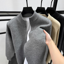 跨境百搭纯色开衫男加厚毛衣线衣春秋季保暖立领拉链外套男针织衫