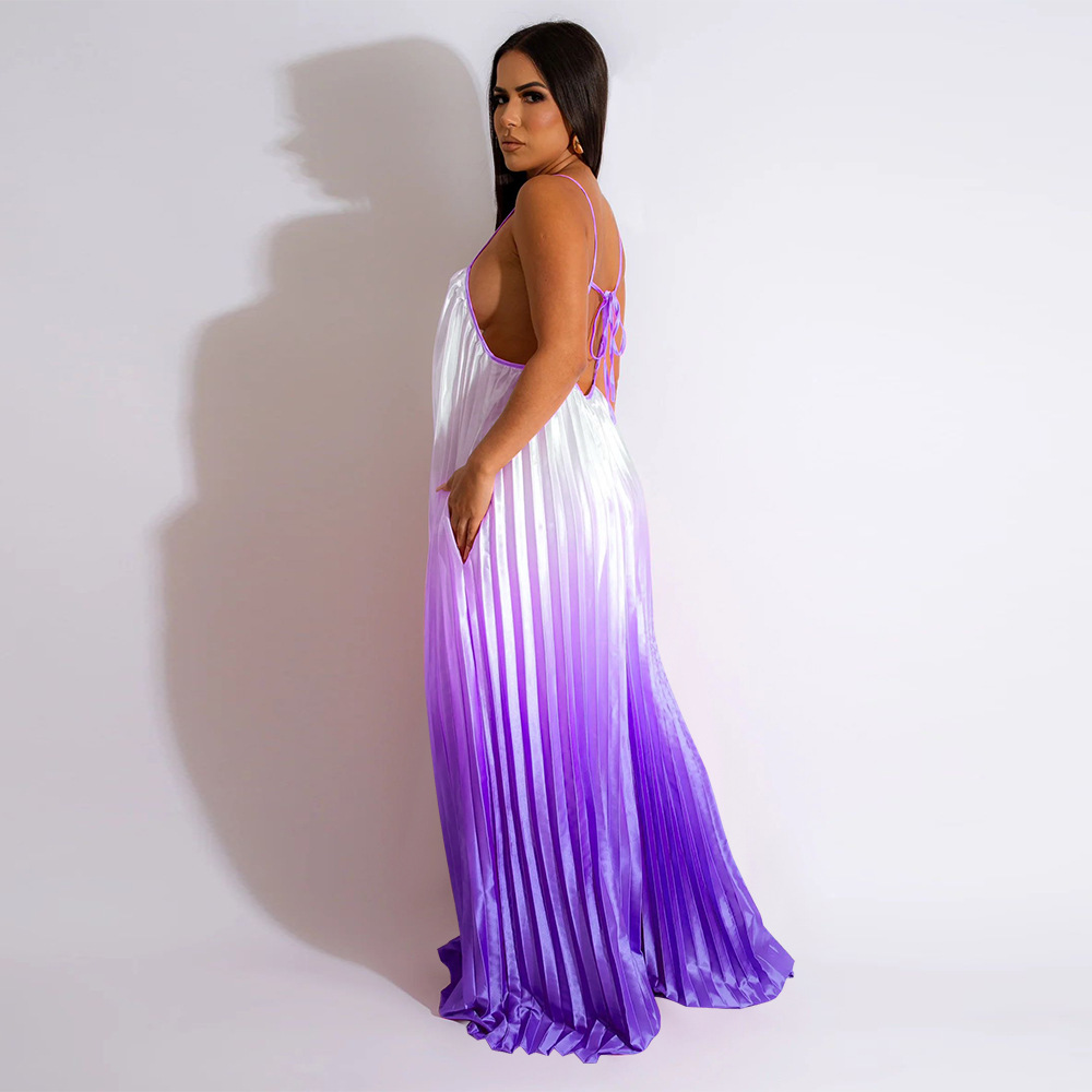 Women Clothing Sexy Deep V Plunge Sling Backless Wide Leg Pants Gradient Jumpsuit