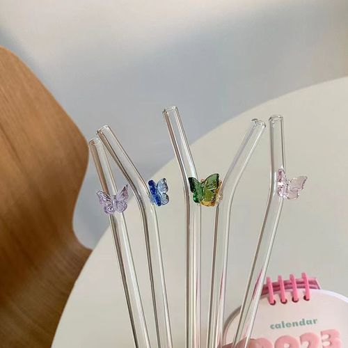 Transparent butterfly glass straw with Instagram-style curved head, juice and milk straw stirrer, simple and high-temperature resistant straw
