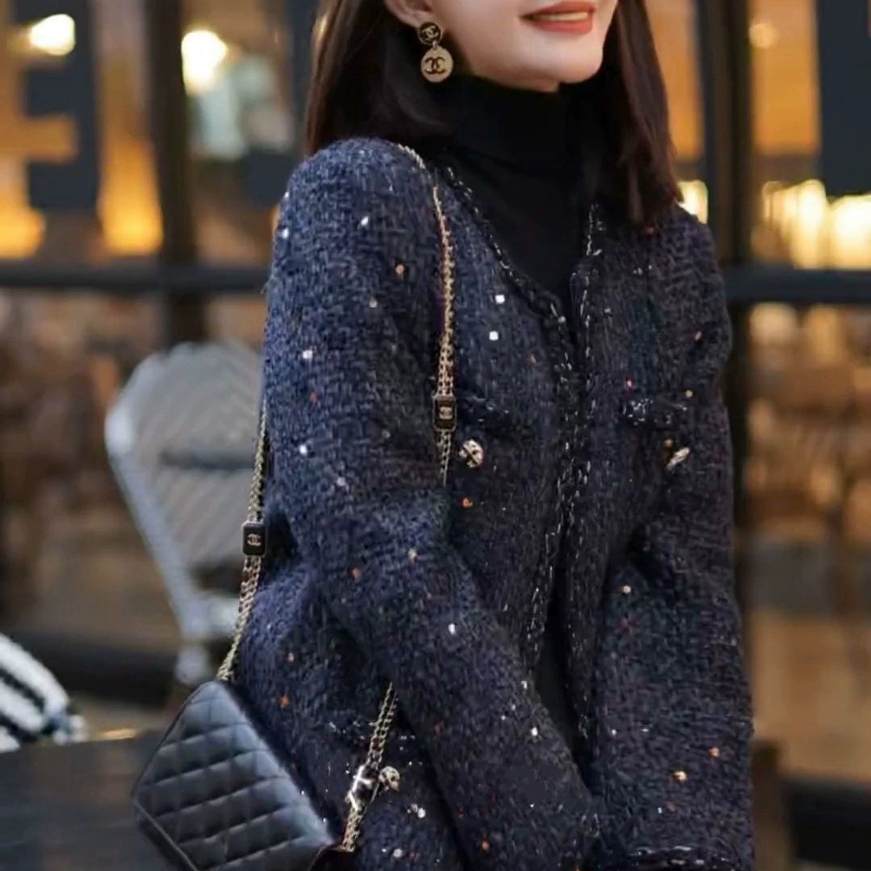 Шерстяное пальто (в стиле Chanel) больших размеров, текстура твид, скрытый зеленый, размеры L–5XL