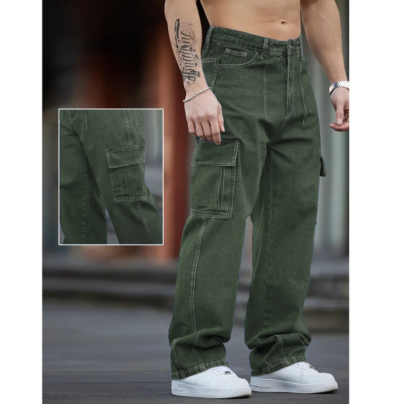 Cross-Border Men's Washed Green Workwear Jeans, Multi-Pocket Design, Wide-Leg Pants Suitable for All Seasons.