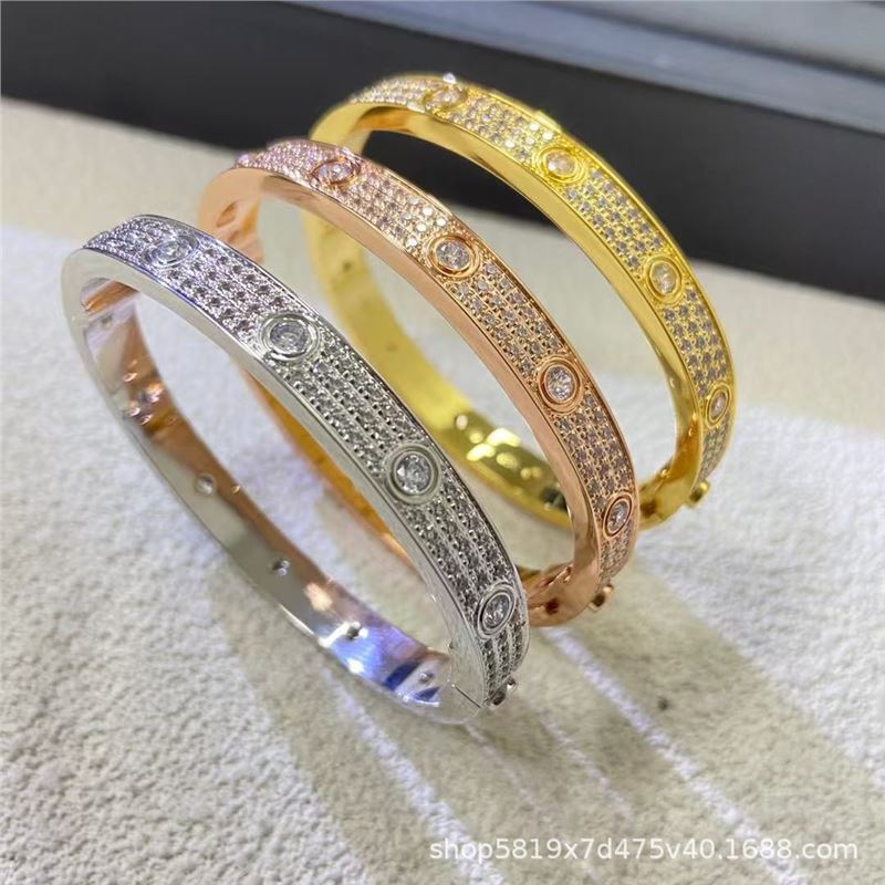 Cnc High-End Baby's Breath Bracelet for Women with Three Rows of Diamonds, 18K Rose Gold Color, Men's Wide Version with Clasp