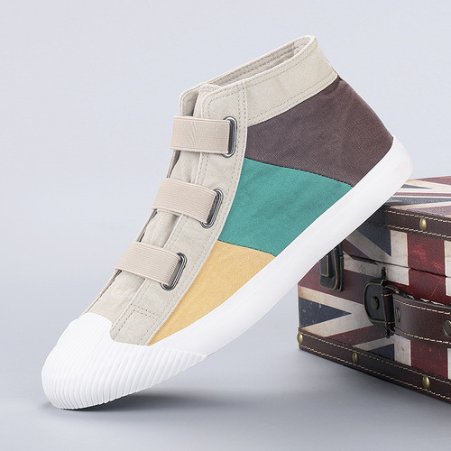 Flash step women's shoes 2024 spring canvas color matching versatile women's shoes breathable soft sole high-top slip-on shoes