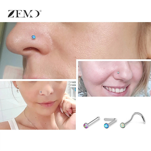 Cross-border hot selling personalized Opal nose nail piercing, Haoshi nose ring 316L stainless steel straight rod nose piercing jewelry