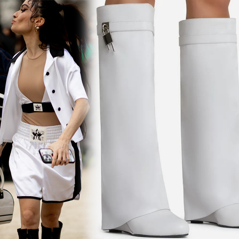 Damesschoenen retro buis omtrek puntige metalen slot wig hak broek buitenlandse handel grote maat mouw catwalk_voghion.com