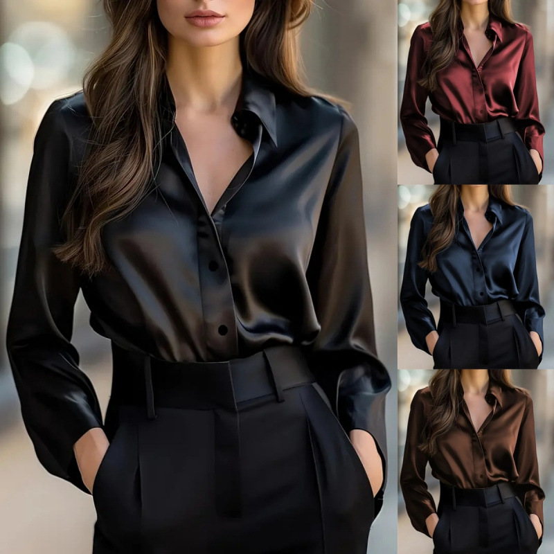 2025 Independent Station Hot Style Autum Satin Pure Color Fashionable and Elegant Elegant Work Clothing Long-Sleeved Button Shirt Women's Clothing