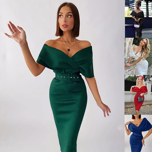 2024 European and American Women's Autumn New Elegant Off-the-Shoulder High-Waisted Waist-Showing Belted Dress Air