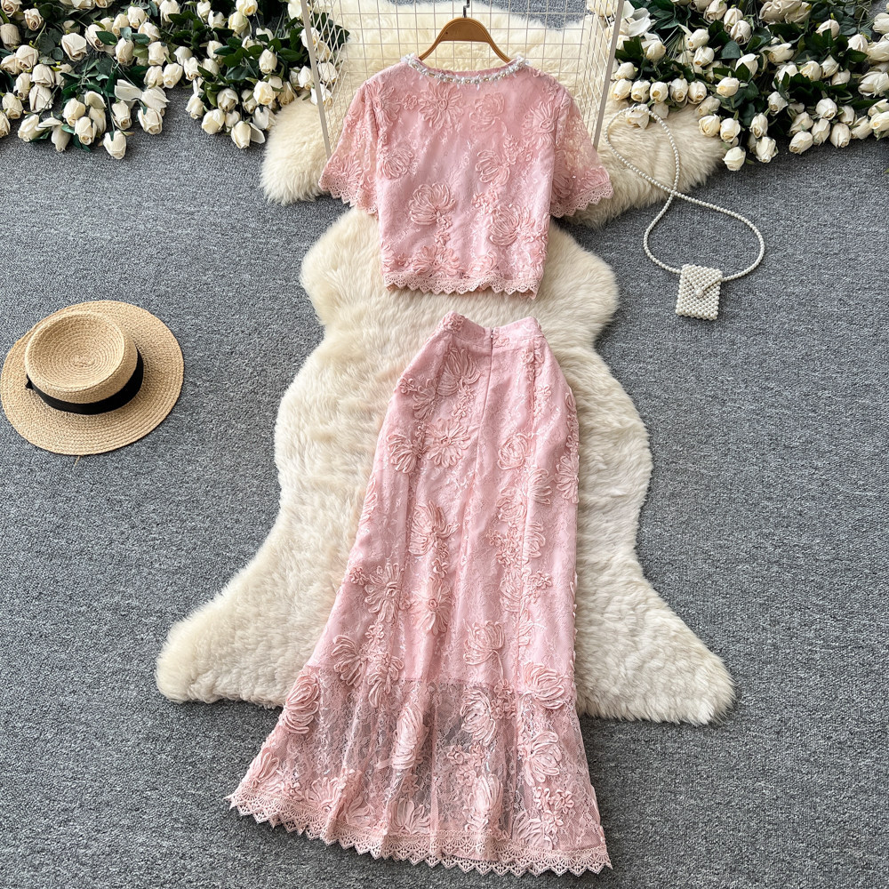 French Style Lace Patchwork Top And Skirt Set for Women Sexy Slimming Temperament Two-Piece Summer Outfit_ecoleips.com