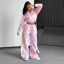 2025衬衫长裤套装欧美春夏宽松长袖衬衫休闲套装女拼色长衣长裤