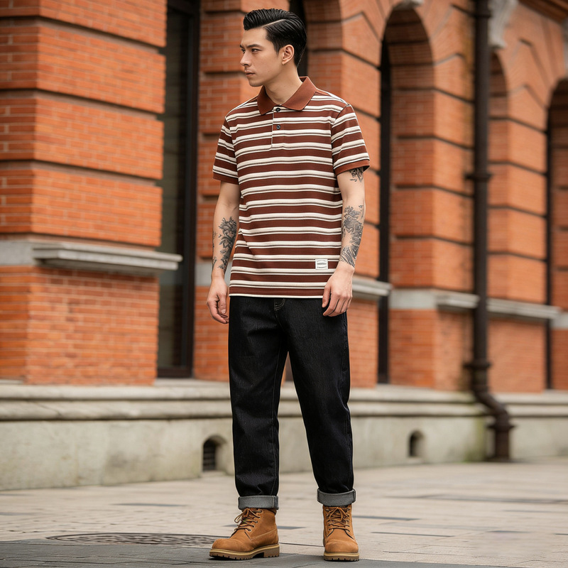 OKONKWO summer men's thick striped short sleeve POLO shirt 245g heavy lapel T-shirt OKONKWO summer men's thick striped short sleeve POLO shirt 245g heavy lapel T-shirt