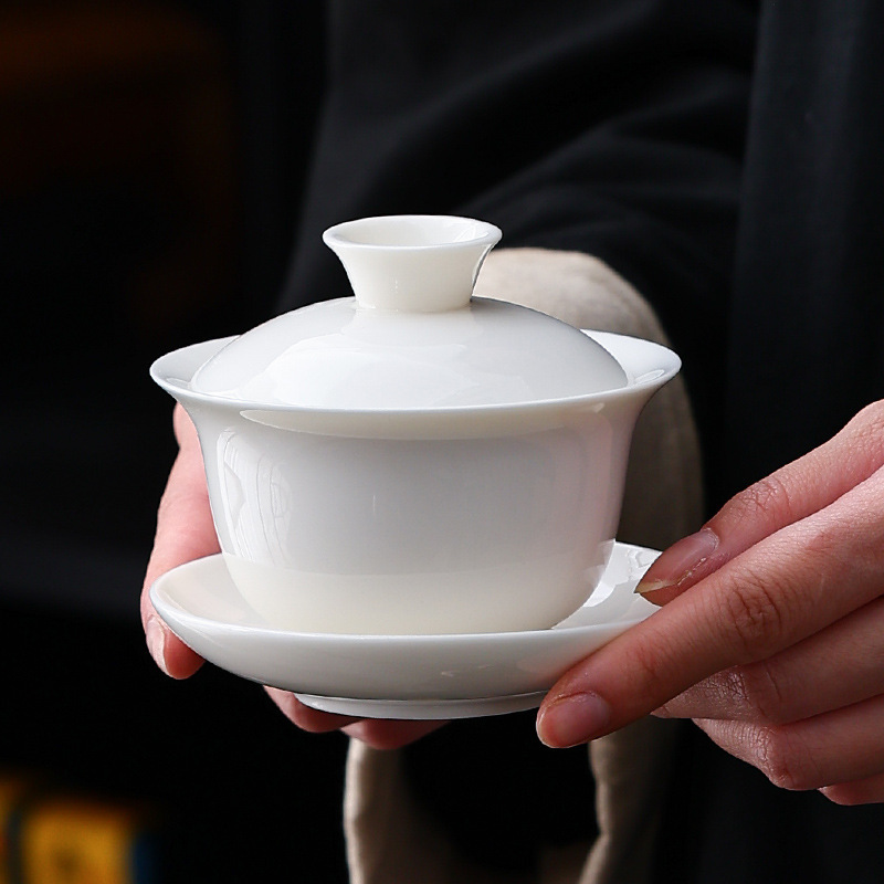 Suet-Fat Jade Sancai Covered Bowl Hovering White Porcelain Tea Bowl Tea Cup Thin Body Tea Set Covered Bowl Tea Bowl Kung Fu Small Cup Suet-Fat Jade Sancai Covered Bowl Hovering White Porcelain Tea Bowl Tea Cup Thin Body Tea Set Covered Bowl Tea Bowl Kung Fu Small Cup