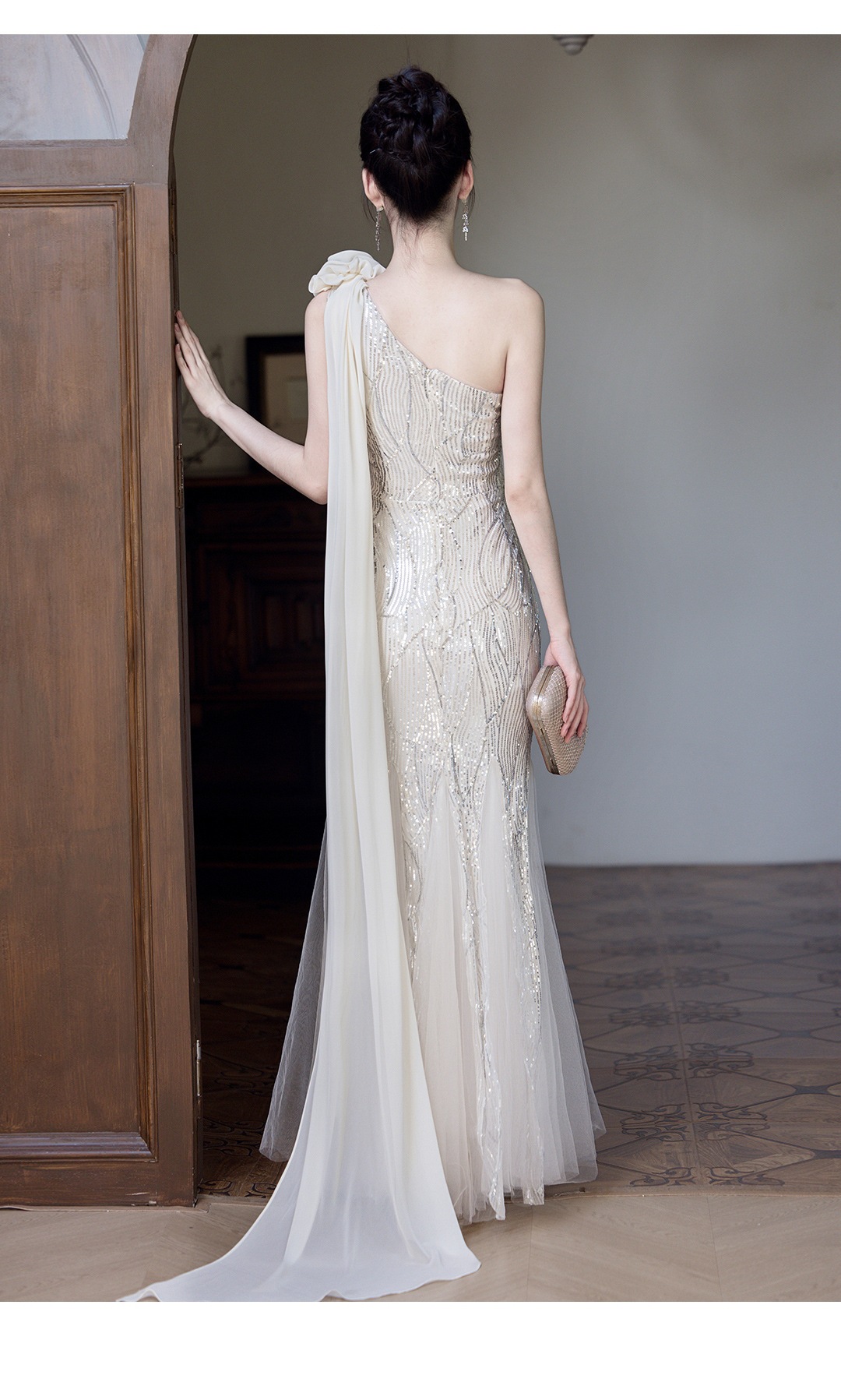 Luxury Mermaid Tail Evening Gown One Shoulder Niche Banquet Host Art Exam Temperament Singer Conductor Runway Show Costume Women's Wedding Party Wear_ecoleips.com