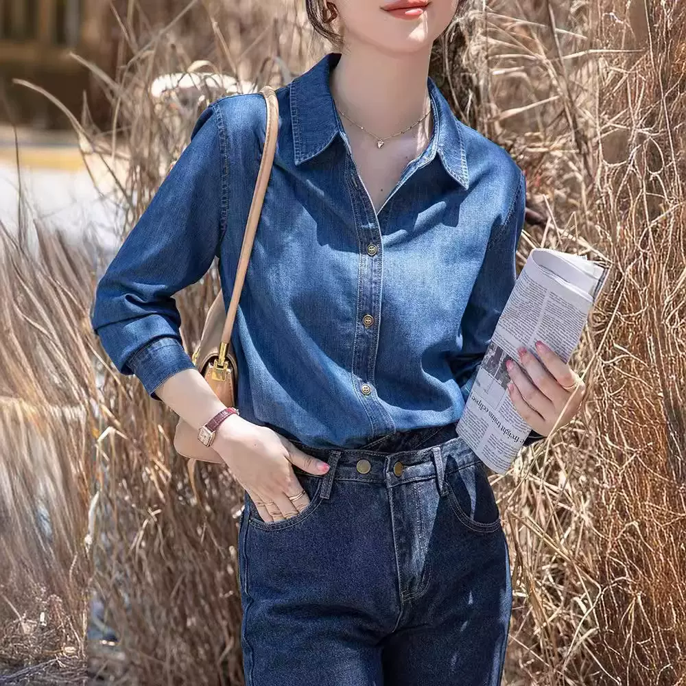 不卷边软牛仔衬衫女百搭2025春秋季内搭叠穿衬衣小个子正肩上衣潮