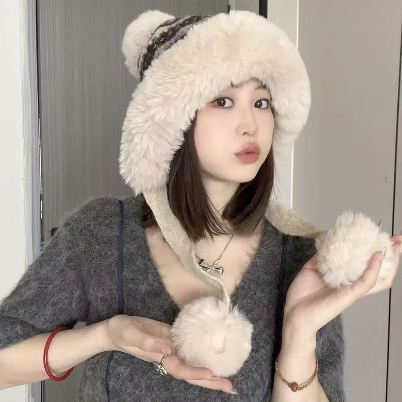 可爱毛绒帽子女冬季加绒针织毛线帽护耳保暖毛茸茸东北防寒雷锋帽|undefined