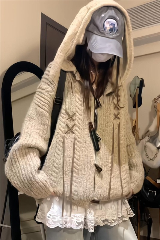 美式复古兔耳朵牛角扣连帽毛衣女秋冬宽松显瘦慵懒风针织开衫外套|undefined