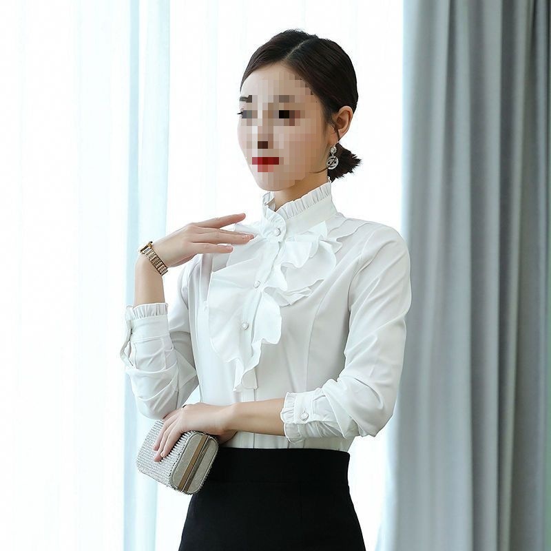 2025年长袖上衣女花边立领雪纺衬衫秋季新款气质收腰大码打底上衣|undefined
