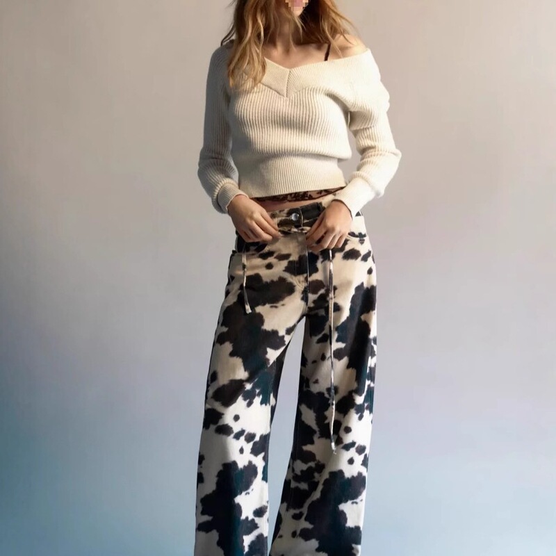 European and American Cross-Border American Retro Cow Pattern Washed Jeans for Men and Women, Old Vintage Loose Export Dropshipping