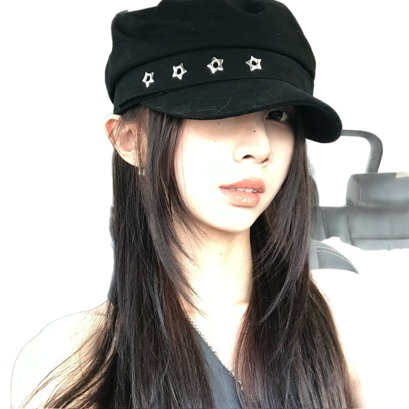 帅气小众星星黑色贝雷帽女亚文化蓓蕾画家帽大头围显脸小黑色帽子|undefined