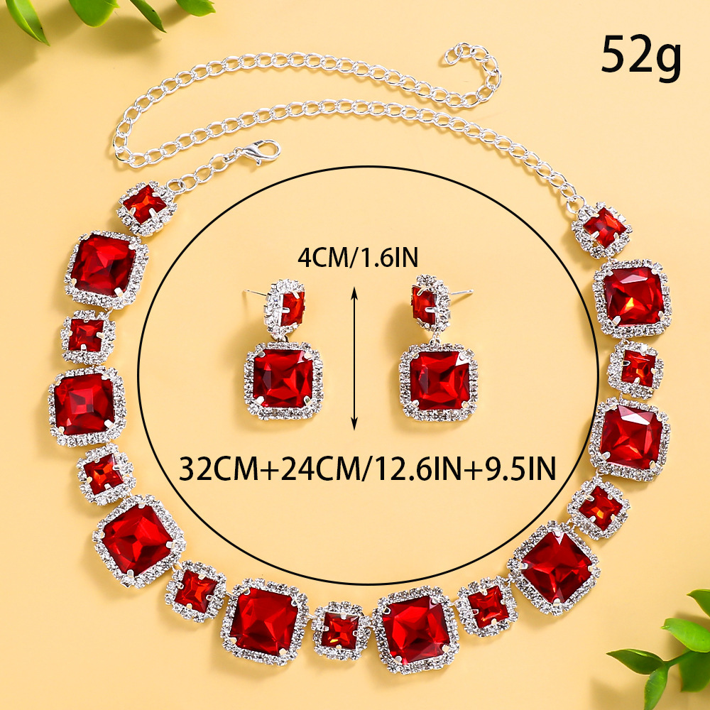 Amazon venta caliente conjunto de joyas cuadradas de lujo cadenas de diamante simple pendientes accesorios conjunto de joyería