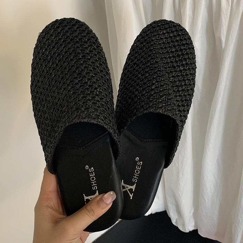 ---New Genuine Leather Woven Slip-On Breathable and Comfortable Baotou Half-Drag Outer Wear Versatile Flats Mule Shoes