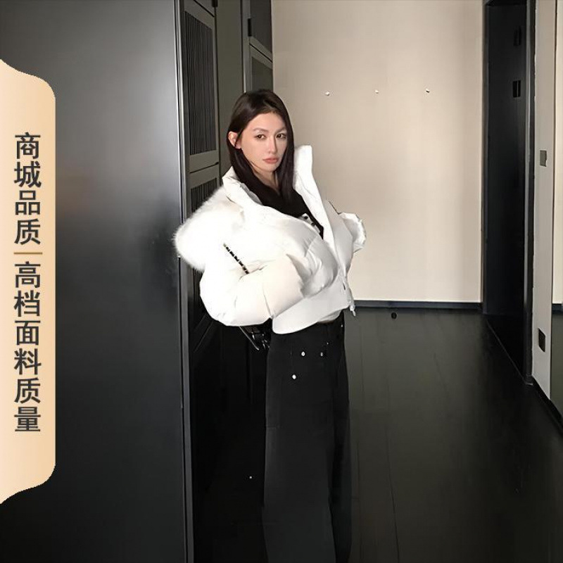 美式复古驼色冬季毛领连帽羽绒棉服女收腰加厚保暖短款面包服外套|undefined