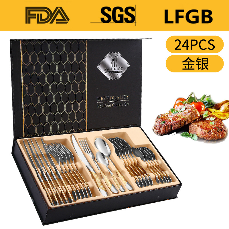 Juego de Cubiertos de Acero Inoxidable de 24 Piezas en Caja de Regalo, Diseño de Estrella y Diamante, Cuatro Piezas Principales, para Hotel, Restaurante, Comida Occidental, Cuchillo, Tenedor, Cuchara