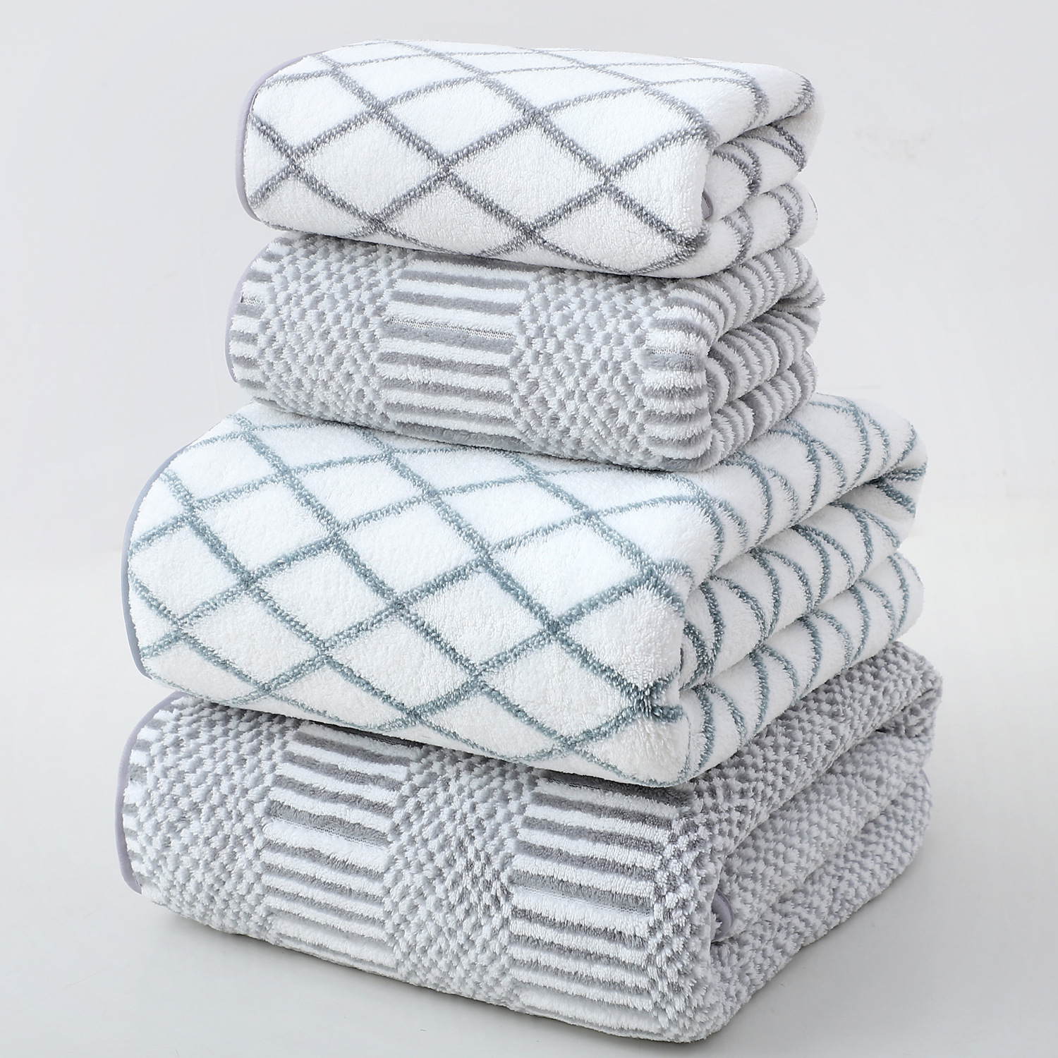 더블 그리드 그레이 메쉬 그레이 타월 및 목욕 타월 세트