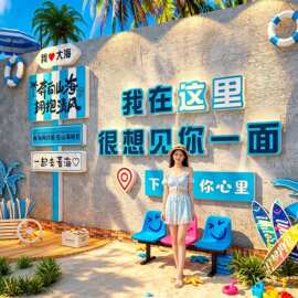 网红拍照区布置墙面装饰夏天日海边沙滩户外氛围主题路牌打卡造景